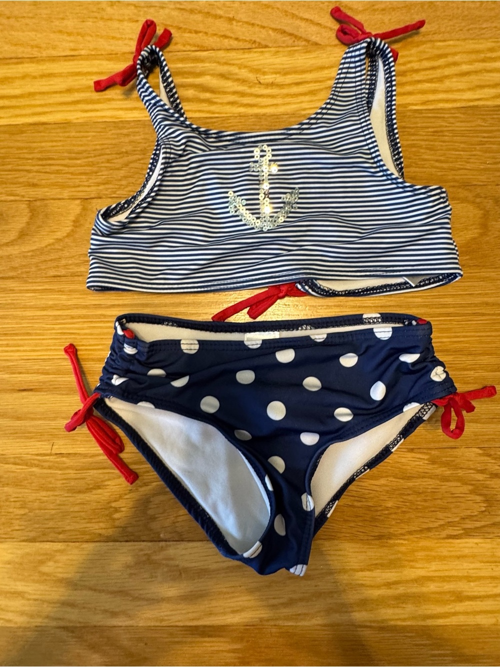 Penelope Mack Navy Blue Polka Dot Bikini with Red Ties